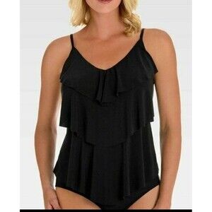 NWT AQUA GREEN TANKINI BLACK SOLID SWIMWEAR TOP WOMEN SMALL